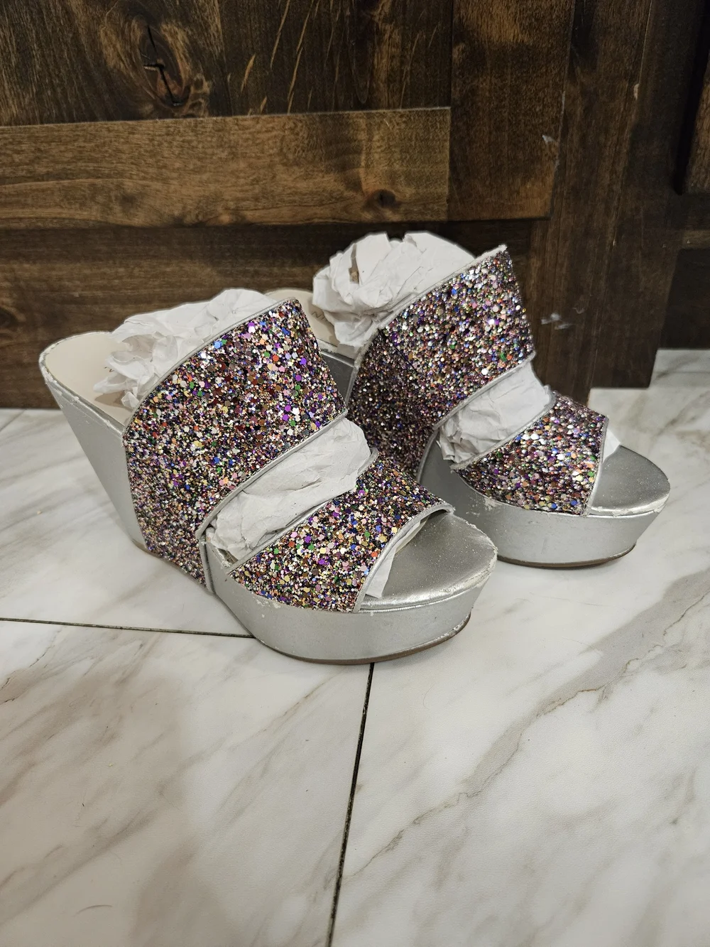 Nine West Silver Wedge Sandals with Multicolor Glitter Straps